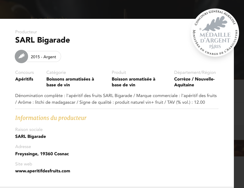 Médaille d'argent 2015 pour l'apéritif au litchi